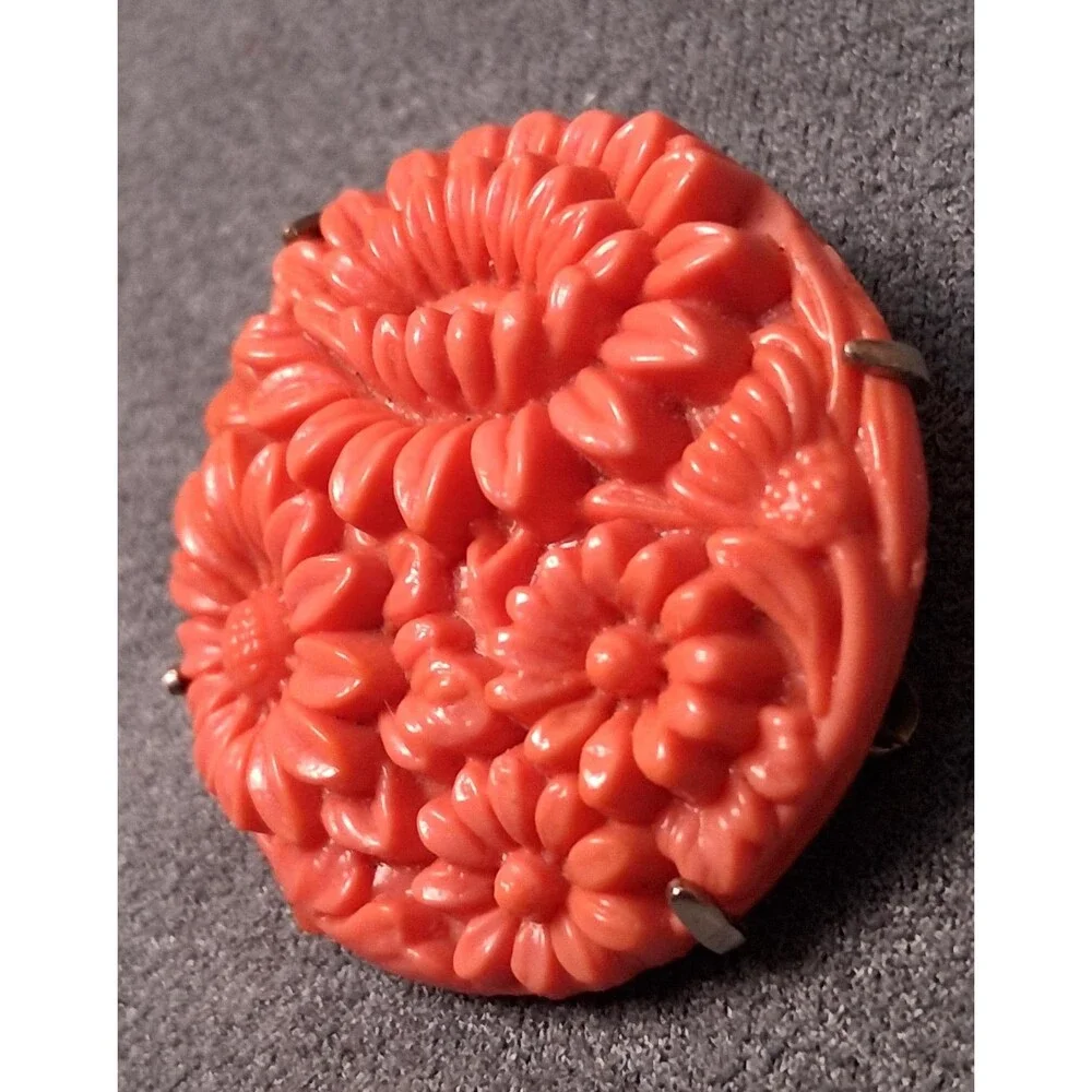 Carved Coral Glass Flowers Brooch Vintage Pin